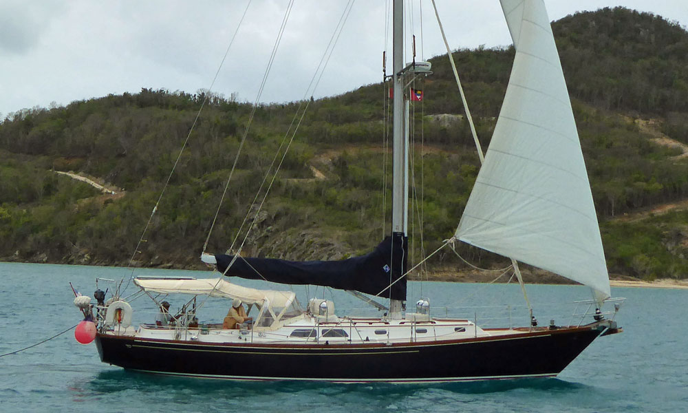 A Hinckley Sou'wester 42 MkII sailboat sailing under the headsail only