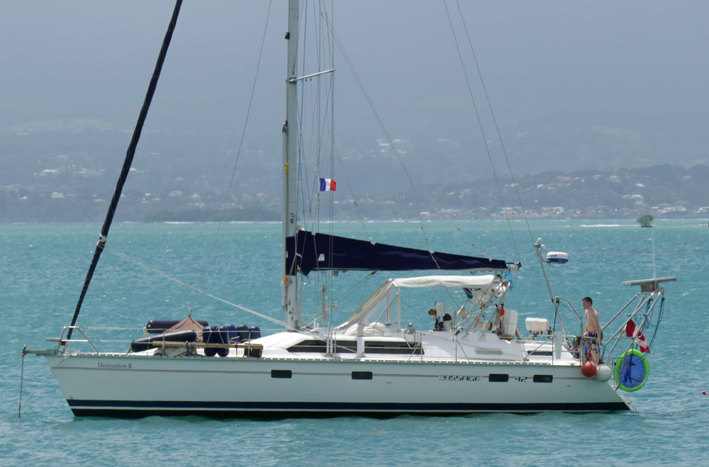 'Destination II', a Hunter 42 Passage at anchor off Pointe-a-Pitre, Guadeloupe in the French West Indies.