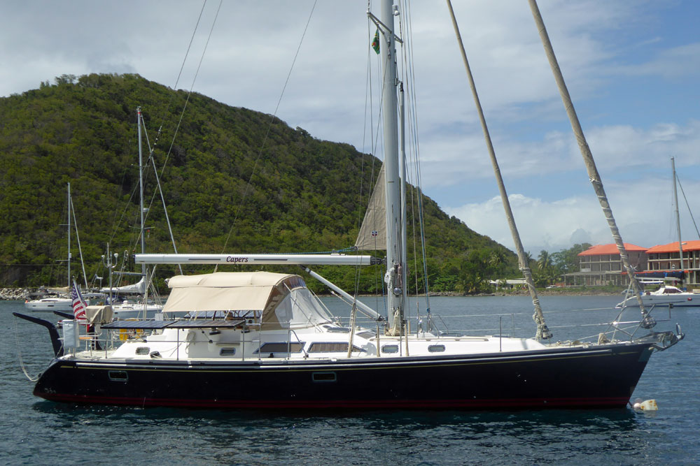 'Capers' a Hylas 46 sailboat on a visitors mooring in Prince Rupert Bay, Dominica, West Indies