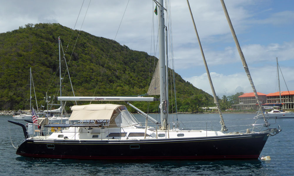 'Capers' a Hylas 46 sailboat on a mooring at Portsmouth, Dominica, West Indies