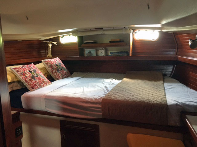 A double berth in the aft cabin of a Morgan 41 Classic sailboat