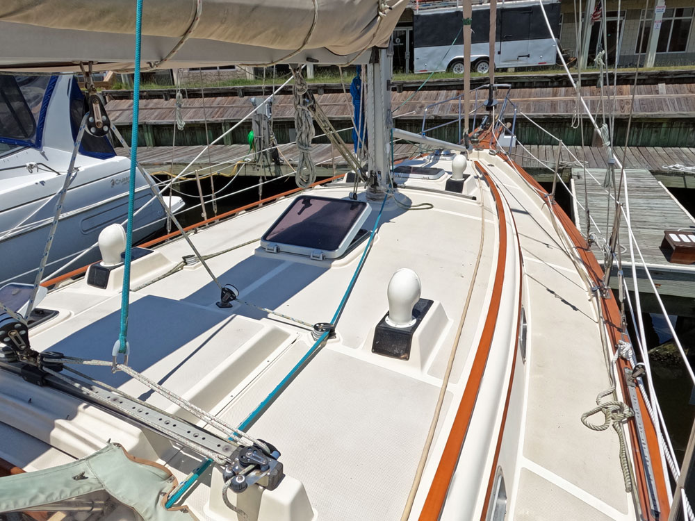 The foredeck of an Island Packet 38 sailboat