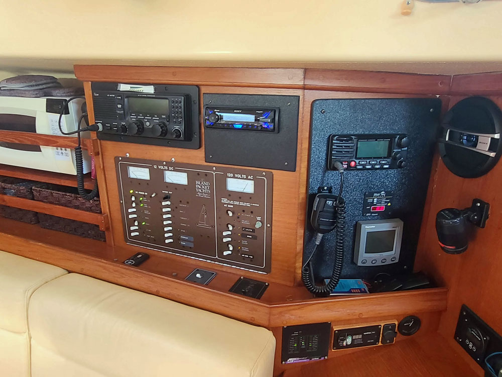The electronics at the navigation station of an IP38 sailboat