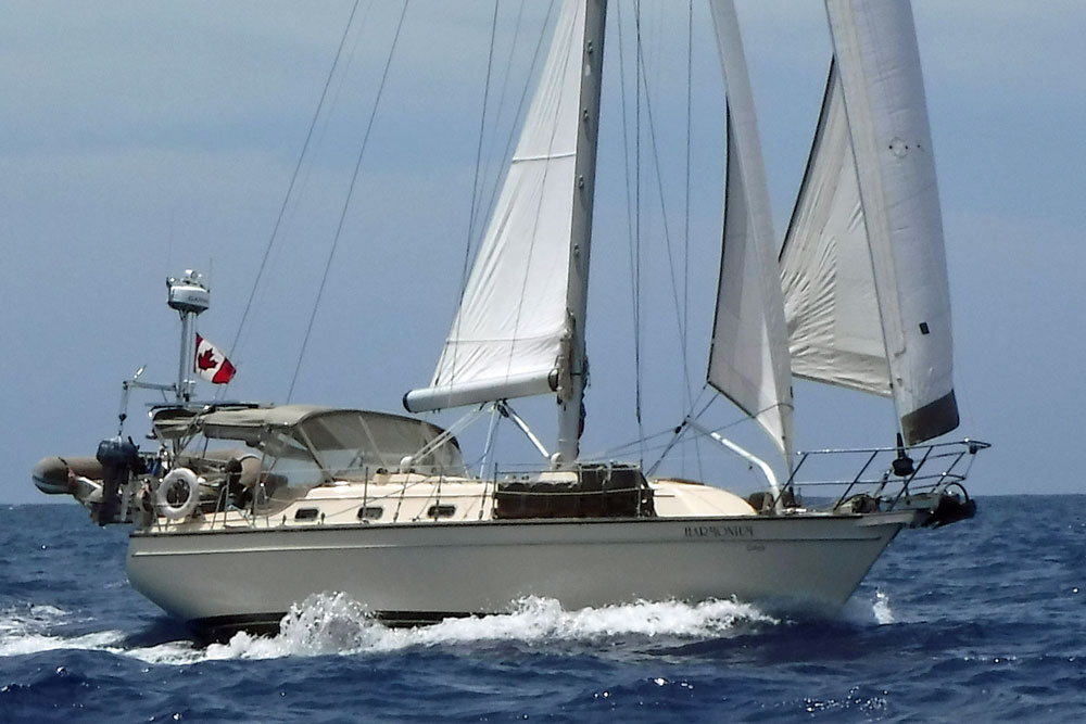 'Harmonium Cays', an Island Packet 380 cutter making good progress on passage from Guadeloupe to Antigua