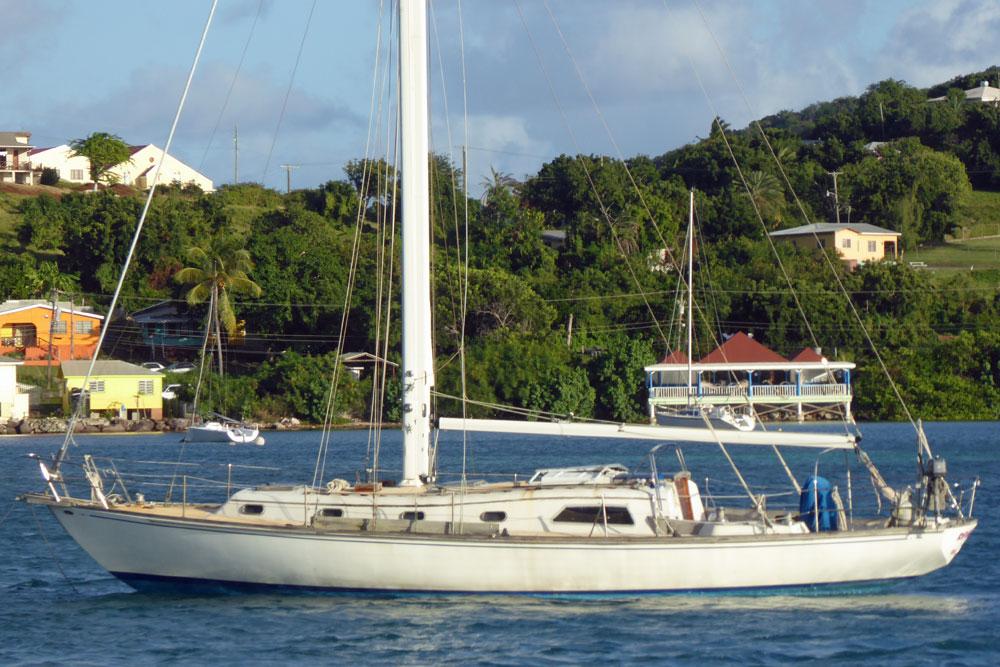 An Islander 44 Cruising Yacht at anchor in Falmouth Harbour, Antigua, West Indies.