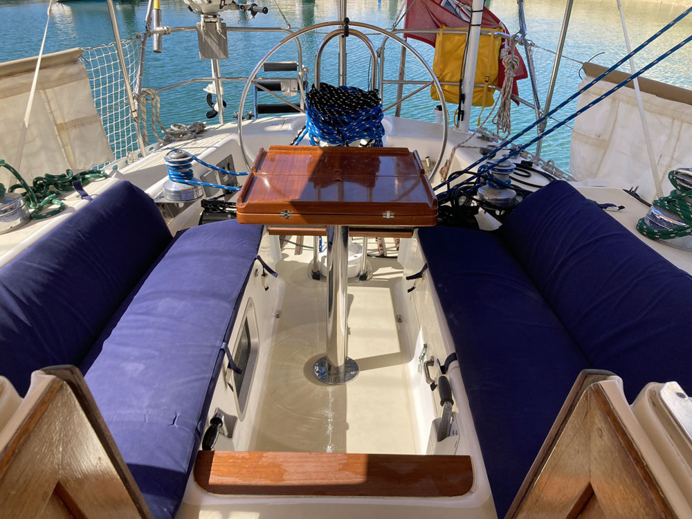 The aft-cockpit of a J/40 sailboat