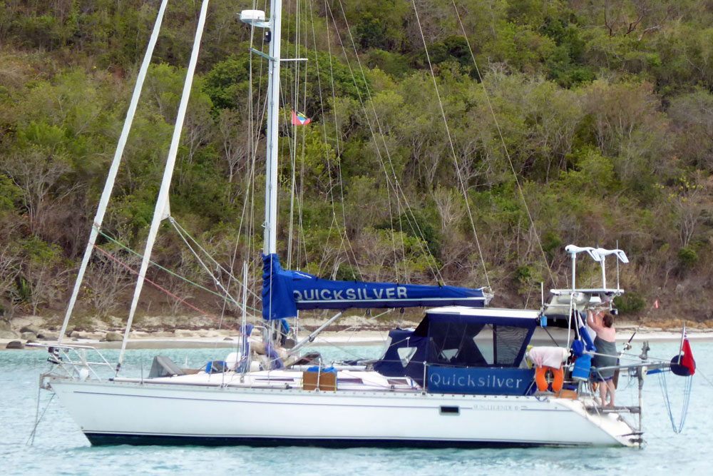 A Jeanneau Sun Legende 41 sailboat 'Quicksilver' at anchor outside Jolly Harbour, Antigua