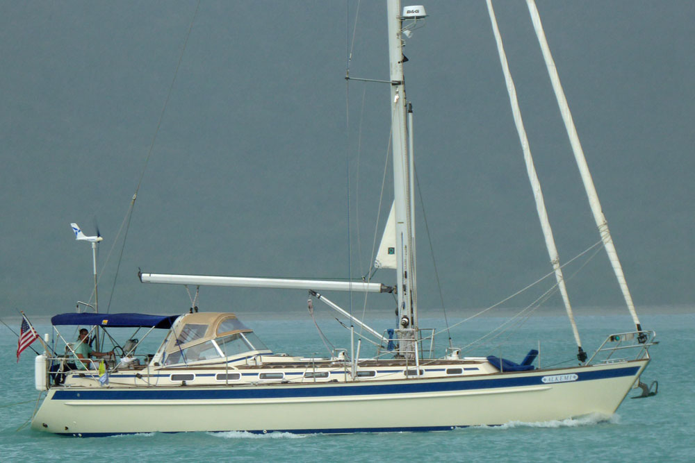 'Malkemi', a Malo 45 bluewater cruising yacht, fitted with a double-headsail solent rig.