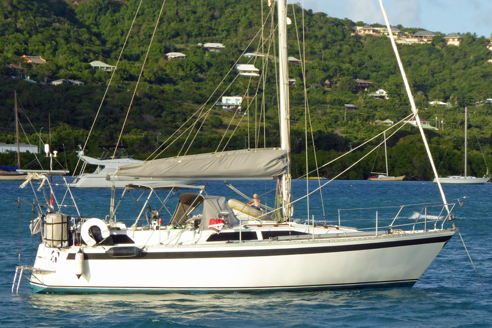 A Moody 34 sailboat at anchor in Falmouth Harbour, Antigua