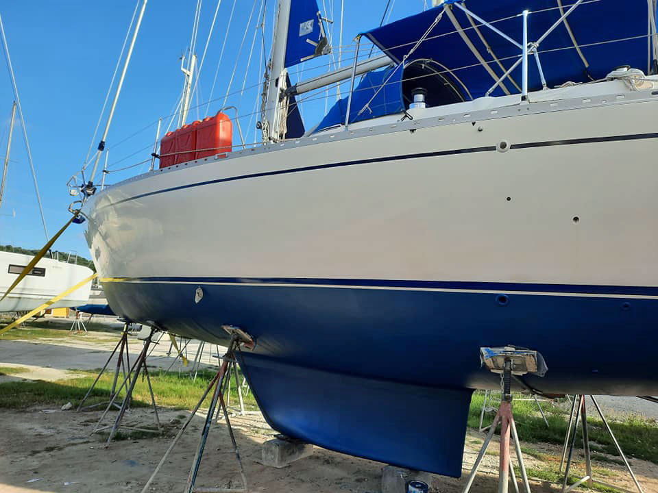 An example of a fin keel on a Moody 376 sailboat