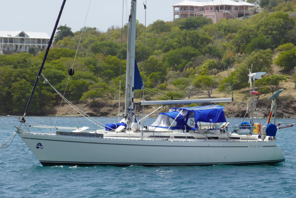 A Moody 425 sailboat anchored in Tyrrel Bay, Carriacou in the West Indies