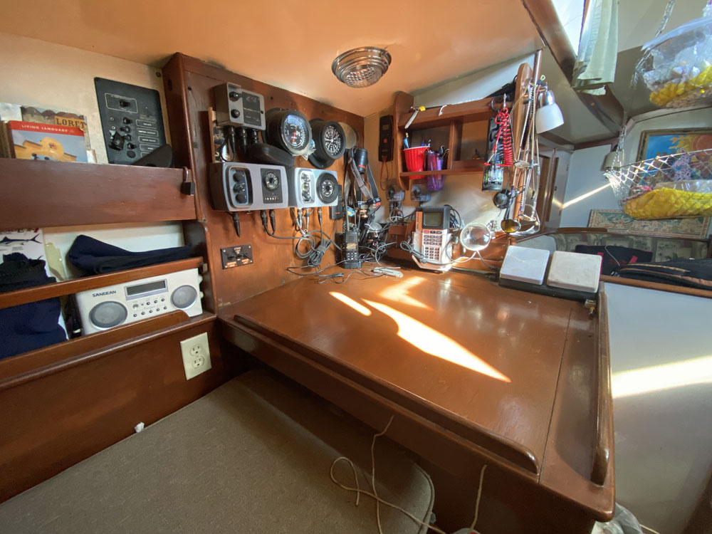 The navigation station on a Moody 44 sailboat