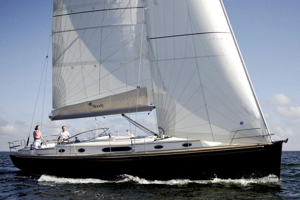 A Moody 45 Classic sailboat under full sail