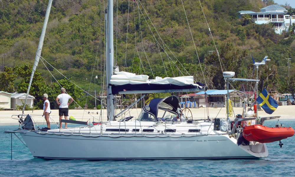 'Barbasol', a Moody 44 sailboat at anchor in Deep Bay, Antigua