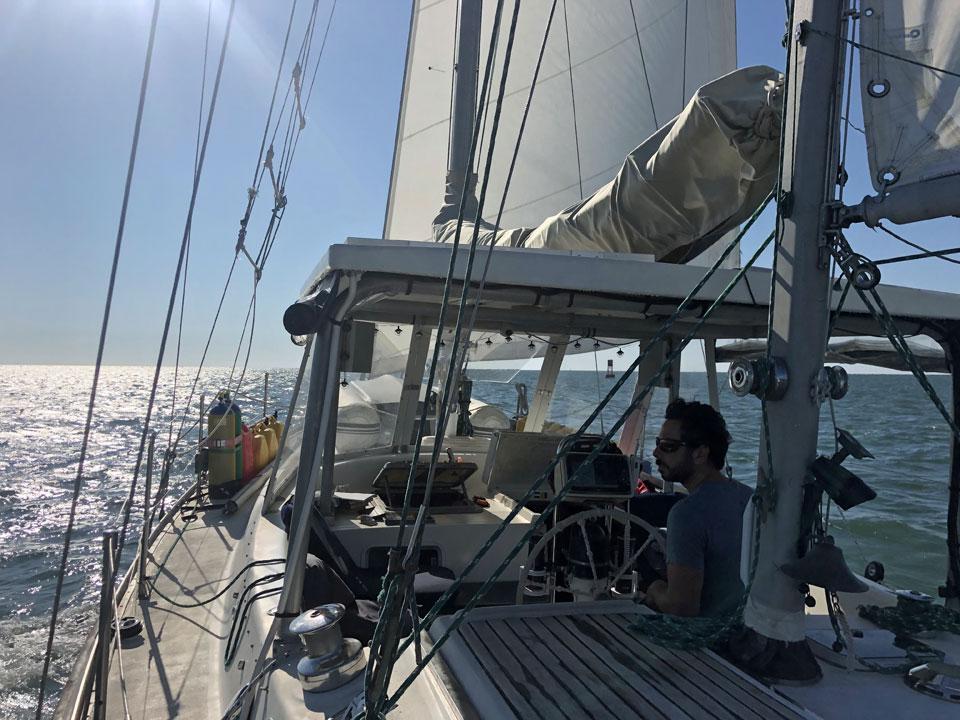 The protected cockpit of a Morgan 41 Out Island ketch