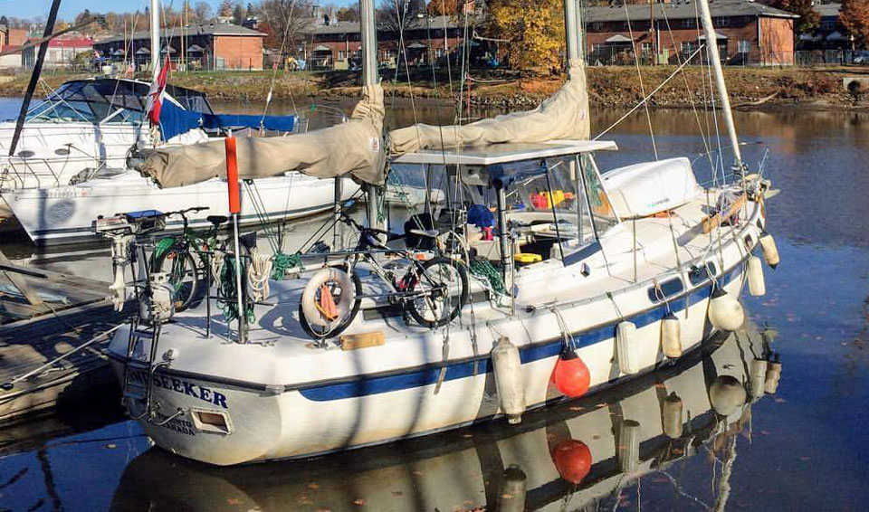 A Morgan 41 Out Island ketch sailboat on a dock