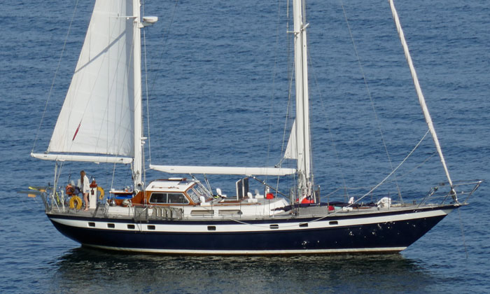 A Jongert 21S at anchor off the Cornish coast