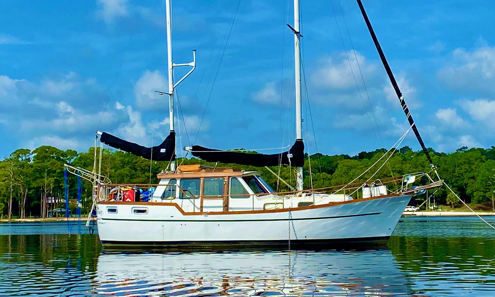 A Nauticat 33 sailboat at anchor