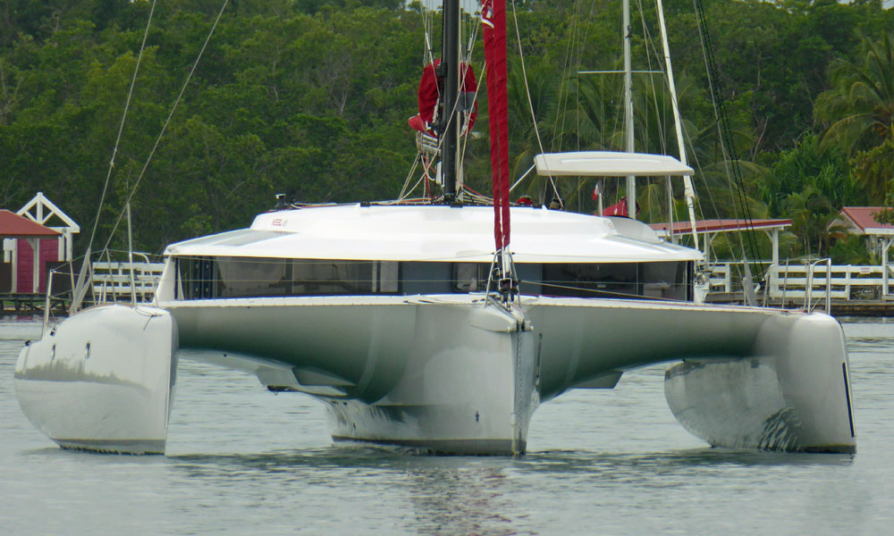 A modern cruising trimaran, great performance under sailbut much less space below than a similarly sized catamaran.