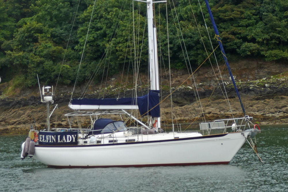 'Elfin Lady', a Nicholson 476 sailboat moored on the Helford River, in West Cornwall, UK