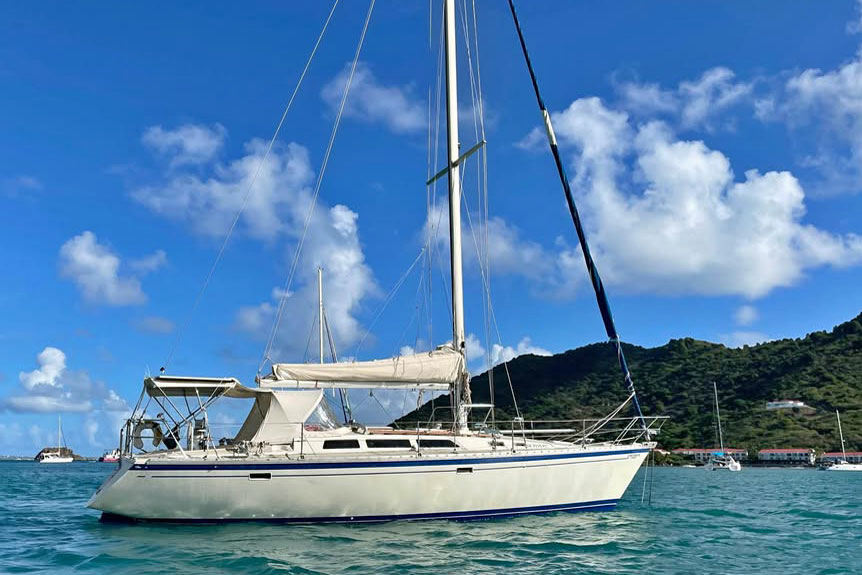 An O'day 40 sailboat at anchor