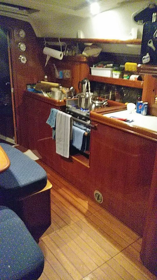 The galley on a Beneteau Oceanis Clipper 393 sailboat
