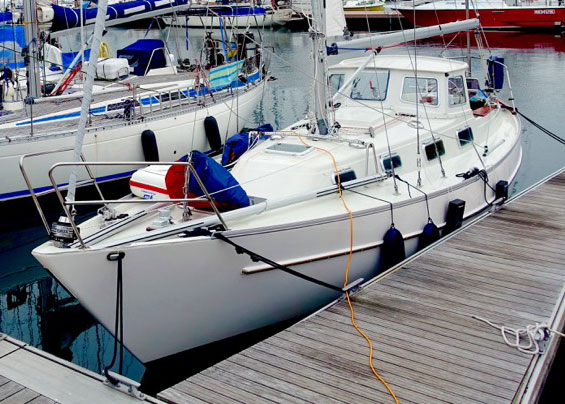 The Overseas 35 sailboat 'Svea by Valleviken’ in a marina berth