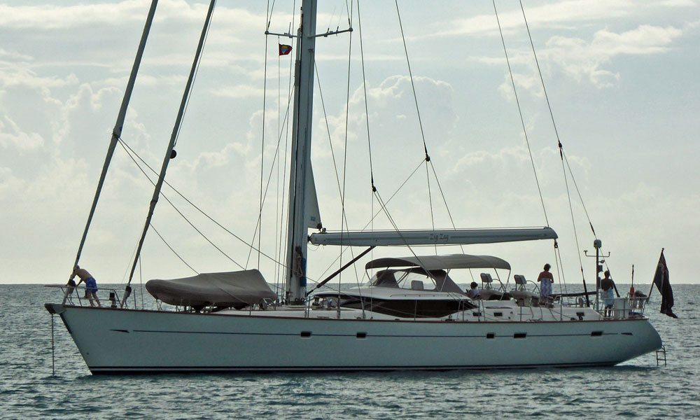 An Oyster 82 sailboat at anchor