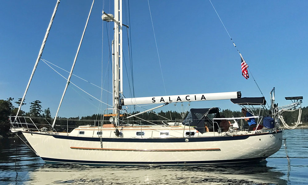 'Salacia', a Pacific Seacraft 40 sailboat at anchor