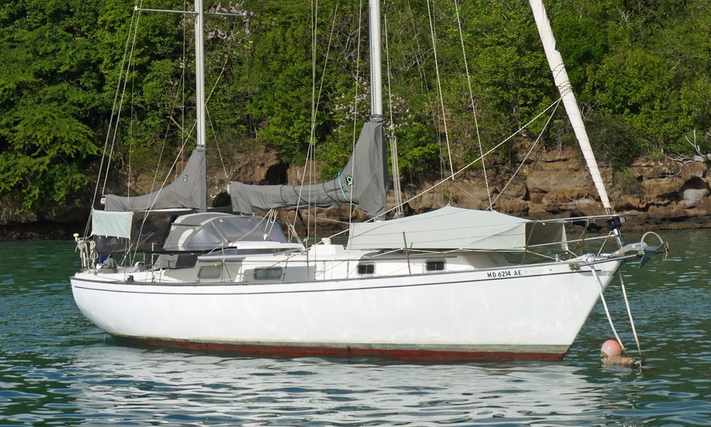 'Evening Ebb', a Pearson 365 ketch on a mooring ball in Prickly Bay, Grenada in the West Indies