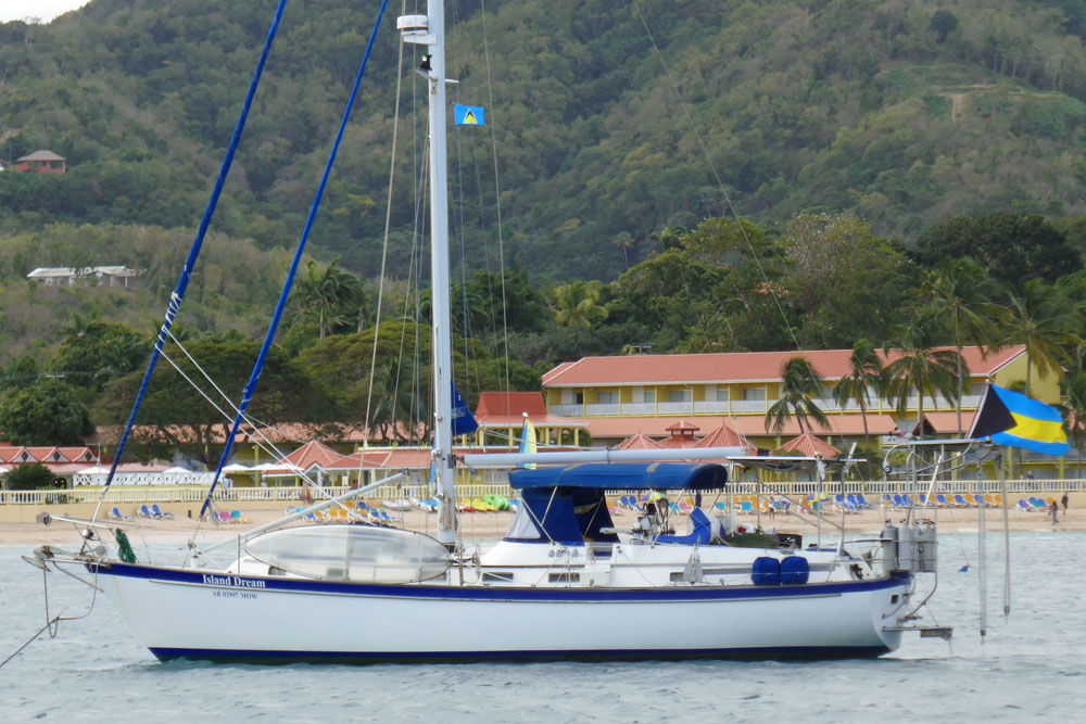 'Island Dreams', a Pearson 385 cutter-rigged sailboat at anchor in Rodney Bay, St Lucia.