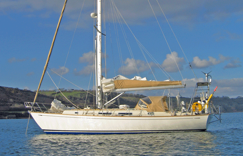 'Coruisk', a Rustler 42 Sailboat at anchor