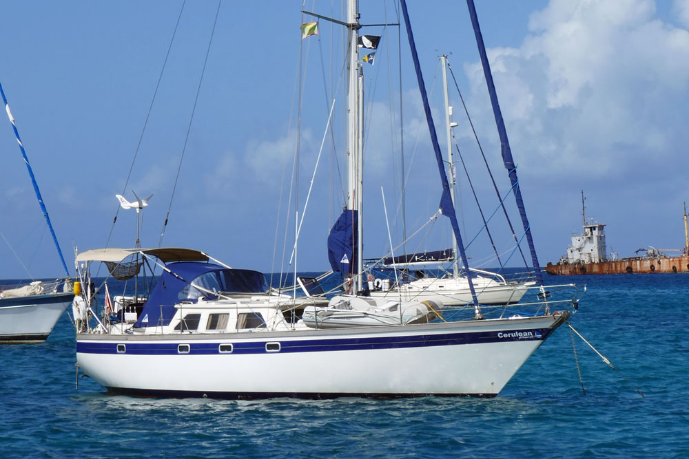 'Cerulean of Penryn', a Seastream 43 sailboat at anchor in Tyrrel Bay, Carriacou, in the West indies.