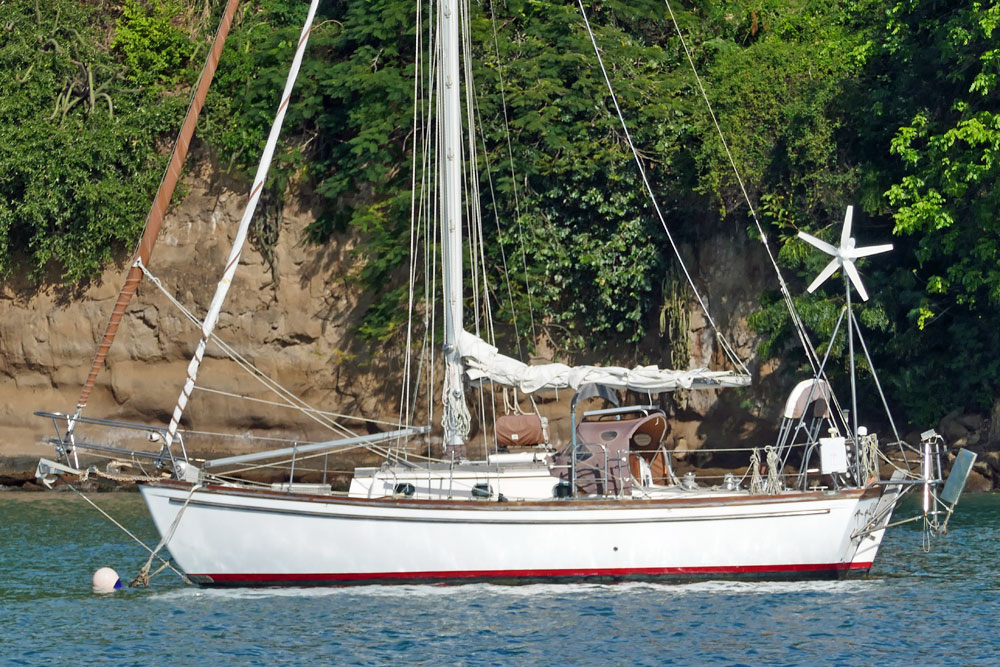 A Shannon 28 sailboat fitted with wind-vane self-steering indicating that she's capable of long offshore passages.