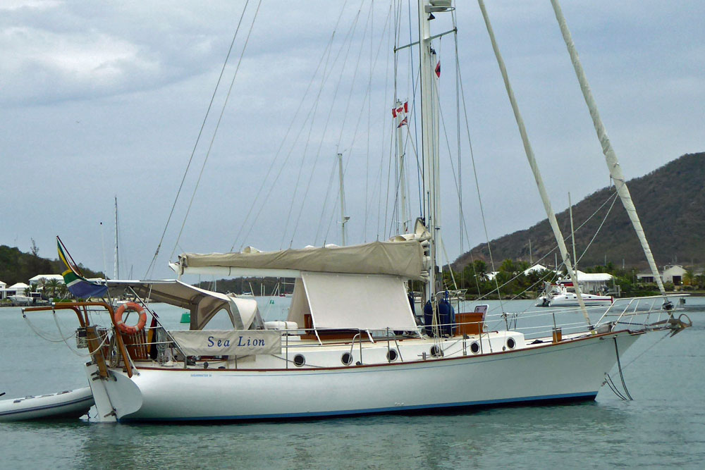 'Sea Lion', a Shearwater 39 on a mooring ball in Jolly Harbour, Antigua, West Indies