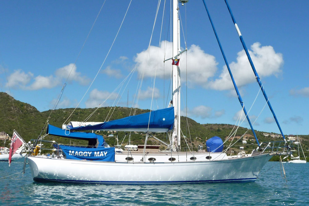 'Maggy May', a Shearwater 45 long-distance cruising boat on a mooring ball in Jolly Harbour, Antigua