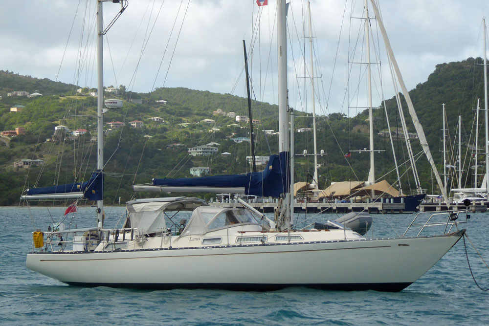 'Larus', a Slipper 42 Ketch at anchor in Falmouth Harbour, Antigua.