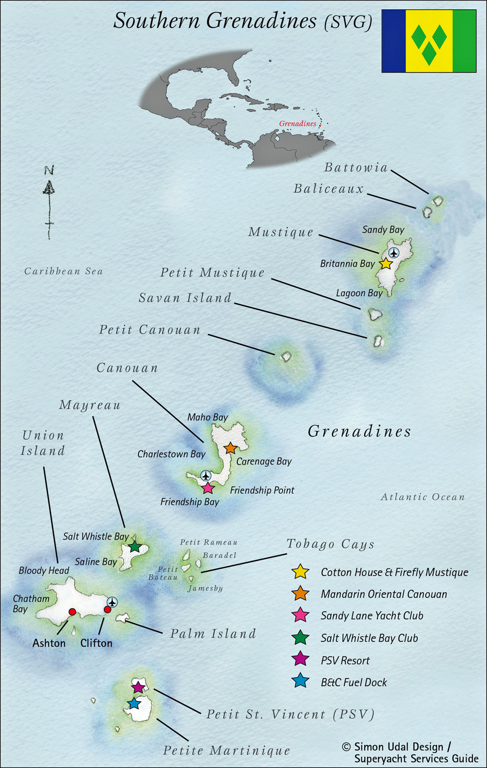 Map of the Southern Grenadines in Caribbean