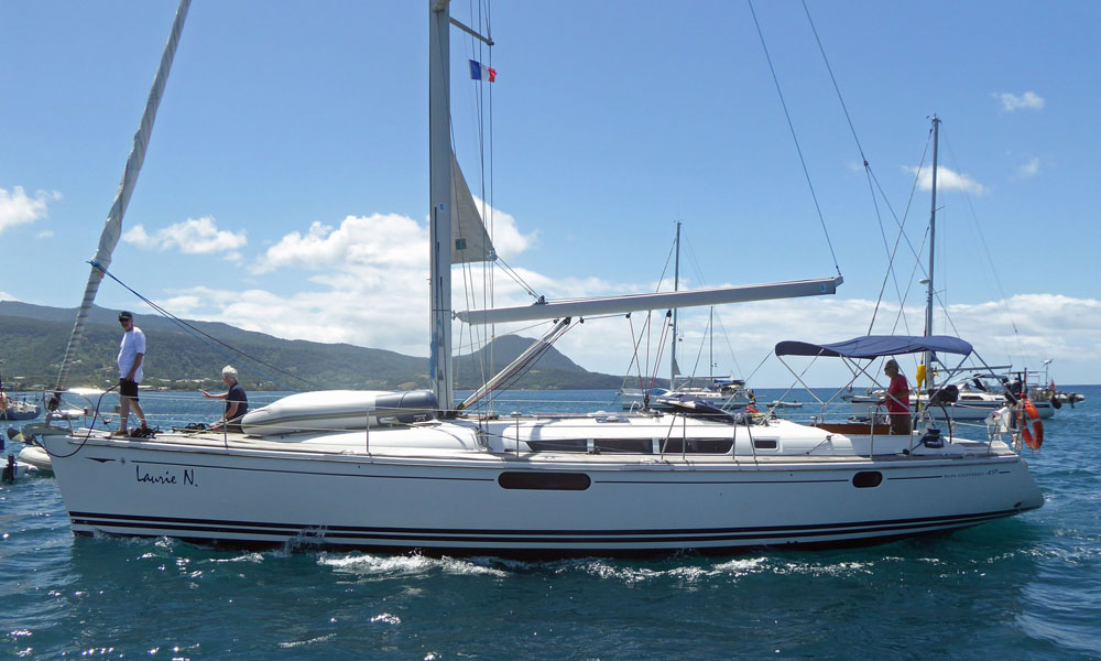 'Laurie N', a Jeanneau Sun Odyssey 49 sailboat prepares to pick up a mooring in Prince Rupert Bay, Dominica, West Indies