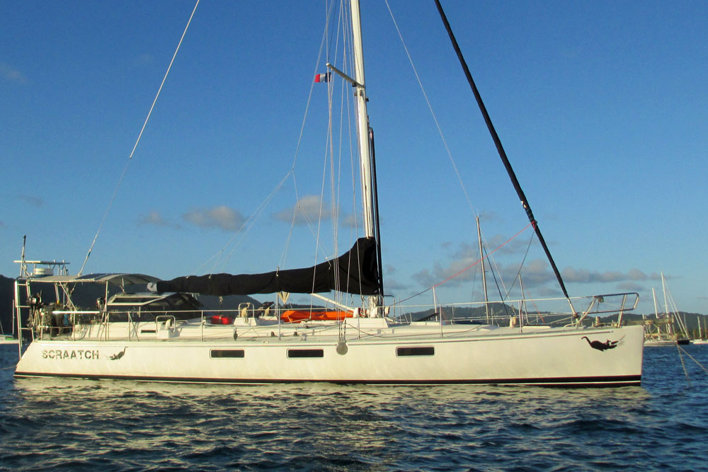 'Scraatch', a Sundeer 56 long-distance cruiser at anchor off Ste Anne, Martinique.