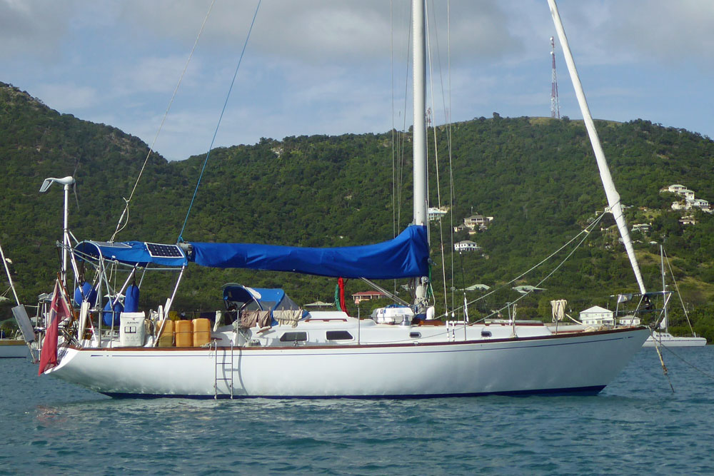 'Teragram', a classic Sparkman & Stephens Swan 40 sailboat at anchor in Falmouth Bay, Antigua.