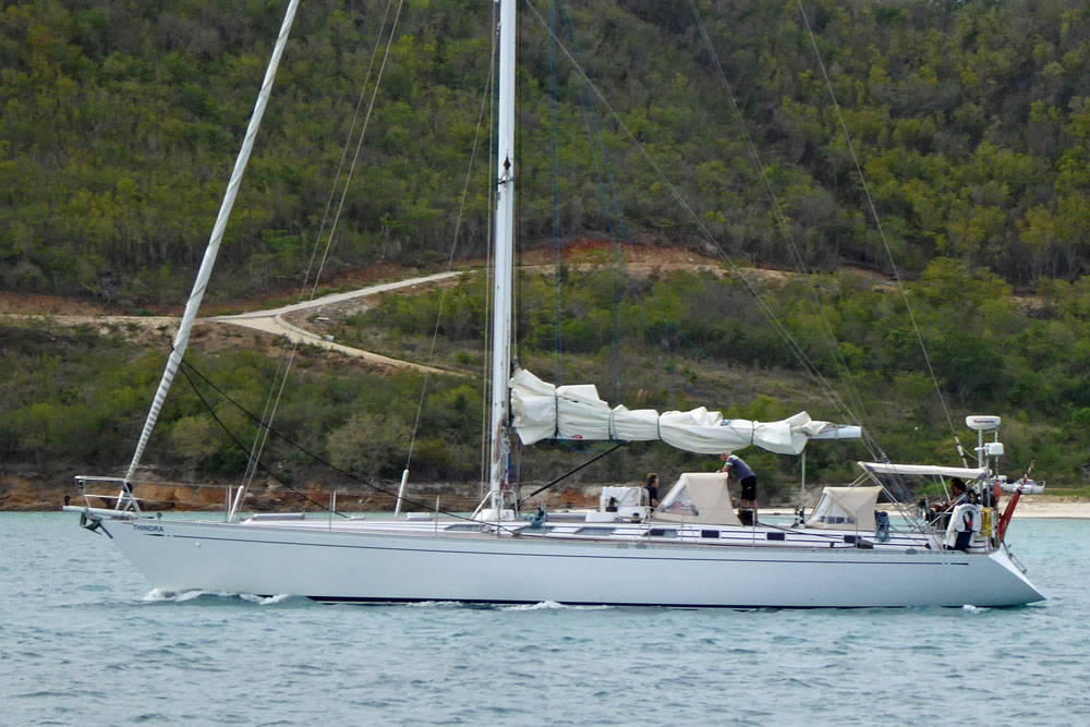'Thindra', a Swan 59 sailboat leaving Jolly Harbour, Antigua in the West Indies