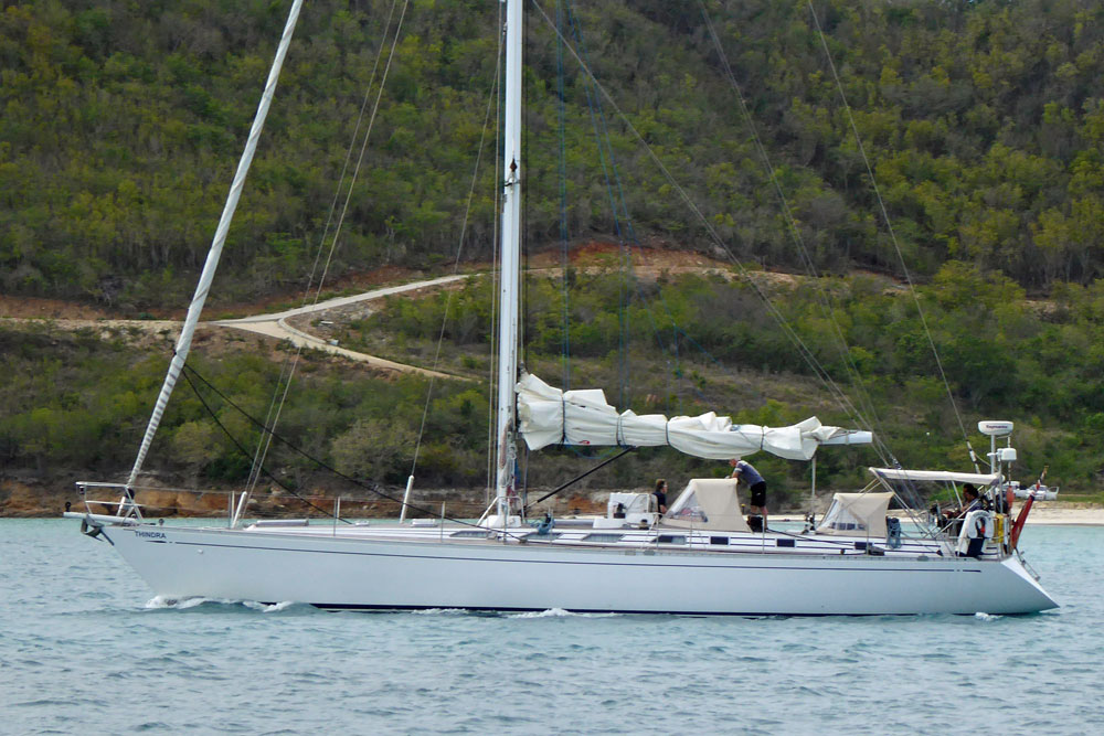 A Swan 59 sailboat motoring out of Jolly Harbour, Antigua