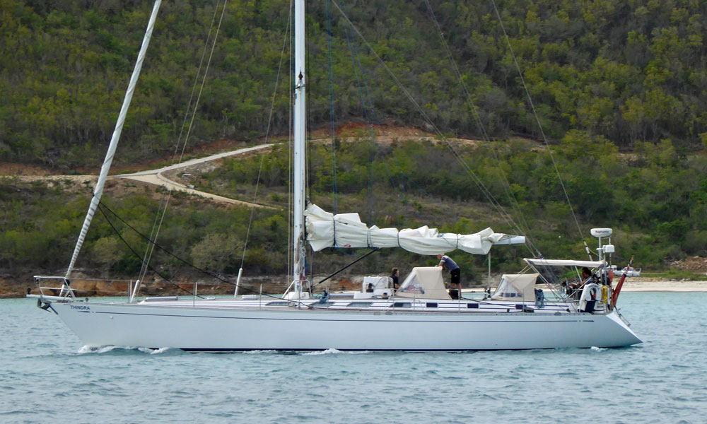 'Thindra', a Swan 59 sailboat leaving Jolly Harbour, Antigua