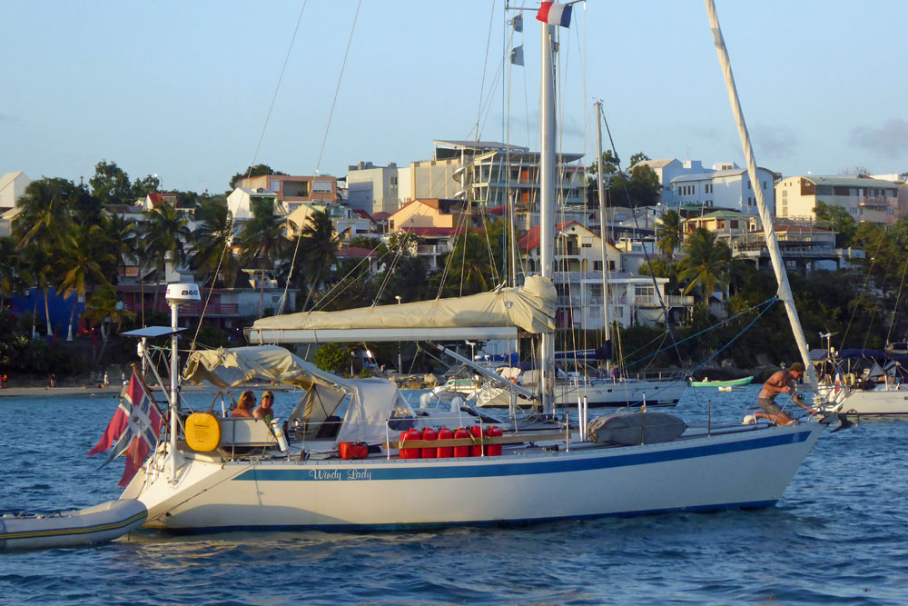 A Sweden Yachts 390 sailboat prepares to drop her anchor