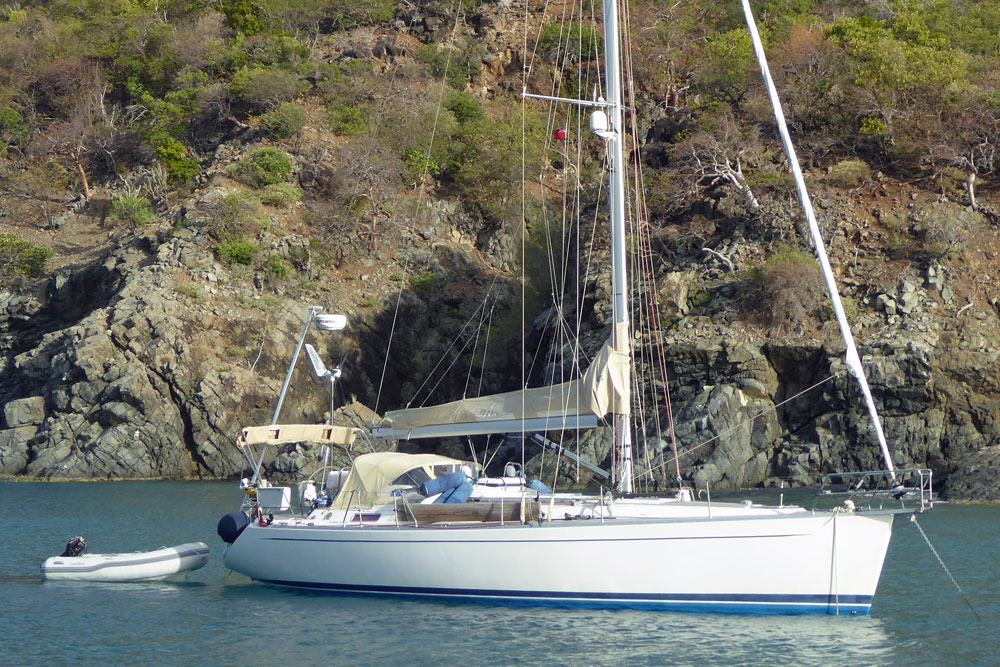 A Sweden Yachts 42 sailboat at anchor