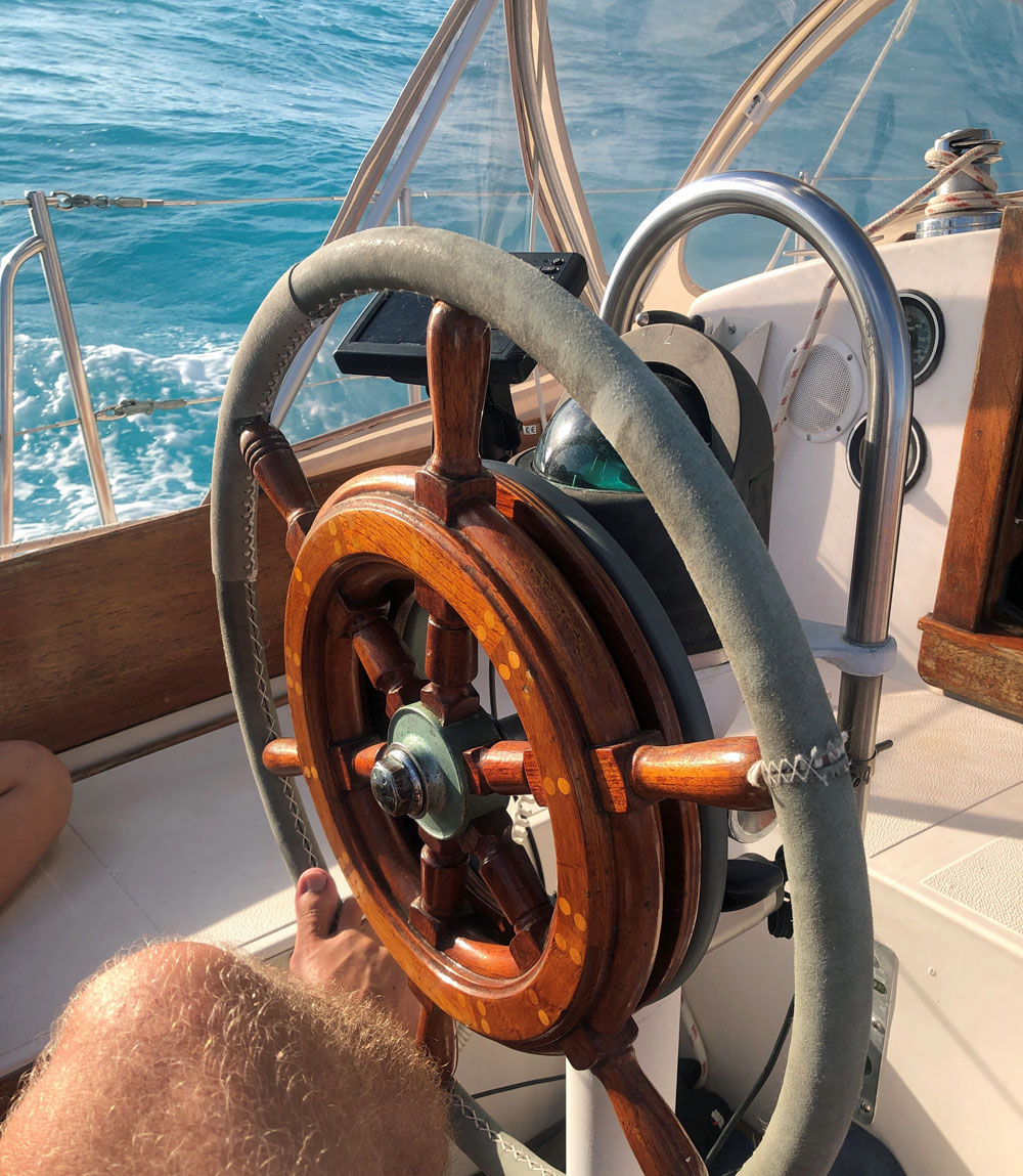 The helm on a Tartan 34C sailboat