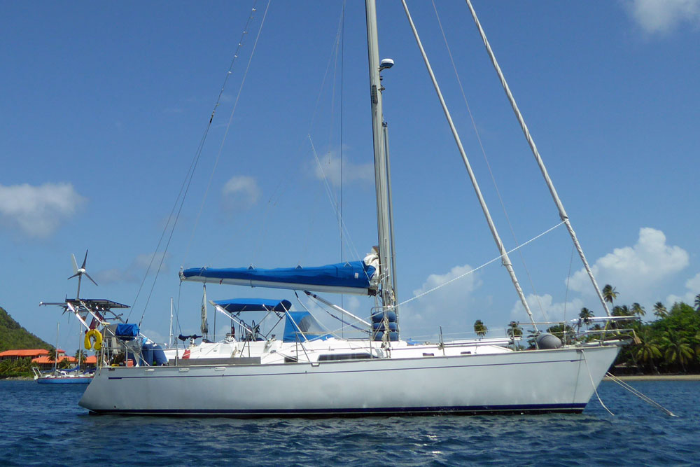 A Tayana 47 sailboat anchored in Prince Rupert Bay, Dominica in the West Indies