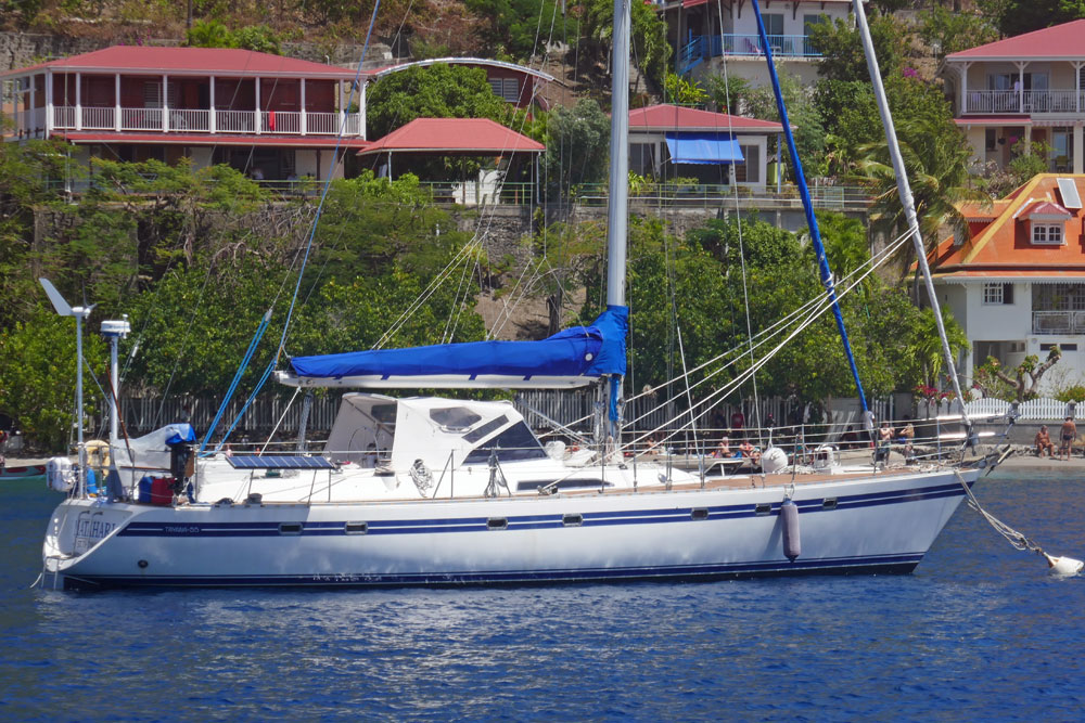 'Passat II', a Tayana 55 sailboat on a mooring ball