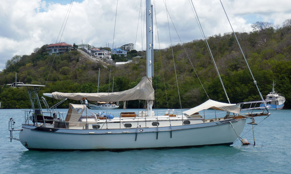 A Tayana 37 - a heavy displacement, long-keeled cruising boat, moored in Prickly Bay, Grenada, West Indies.